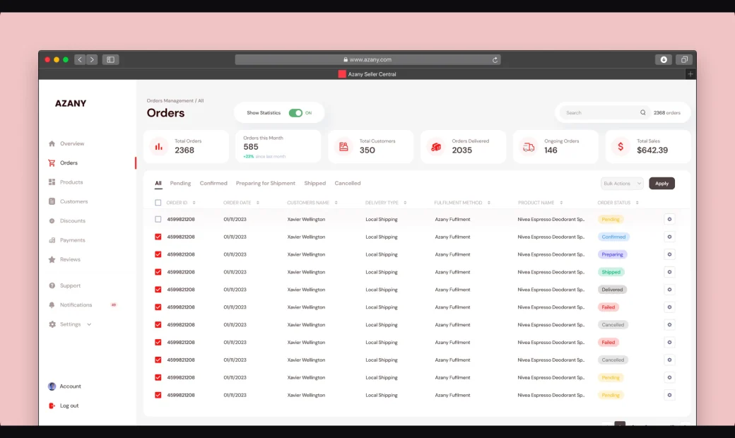 Azany orders management table with status badges