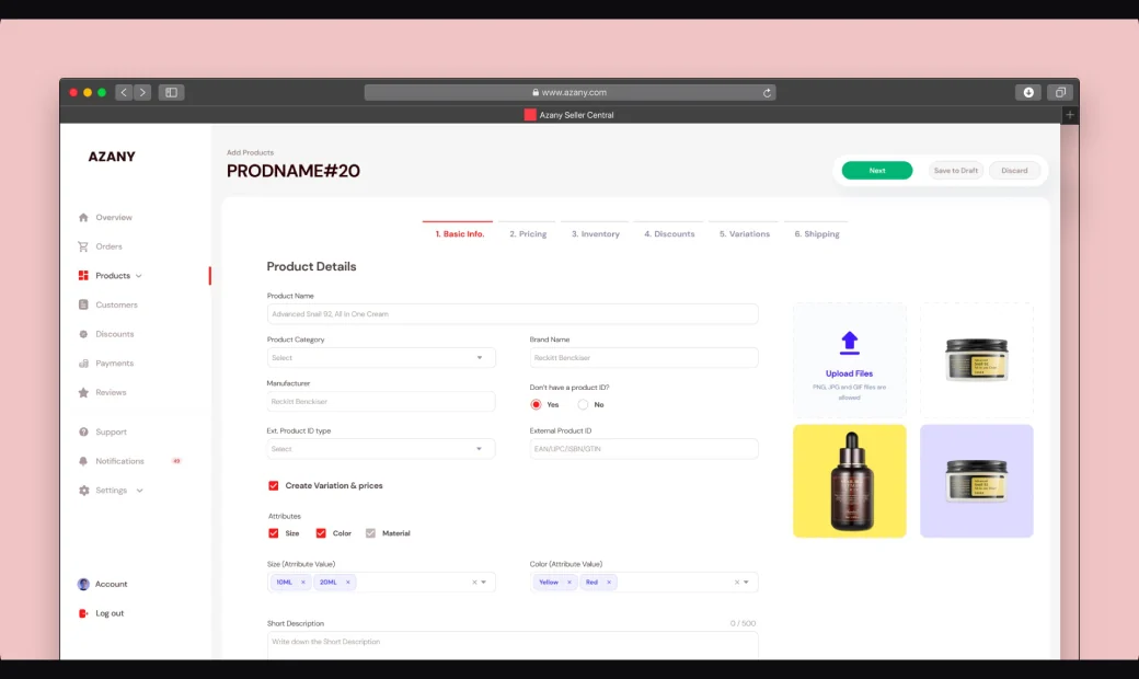 Azany add-product flow with step tabs and image upload