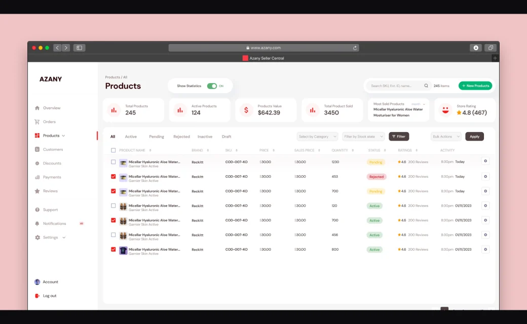 Azany Seller Central products dashboard in a browser window