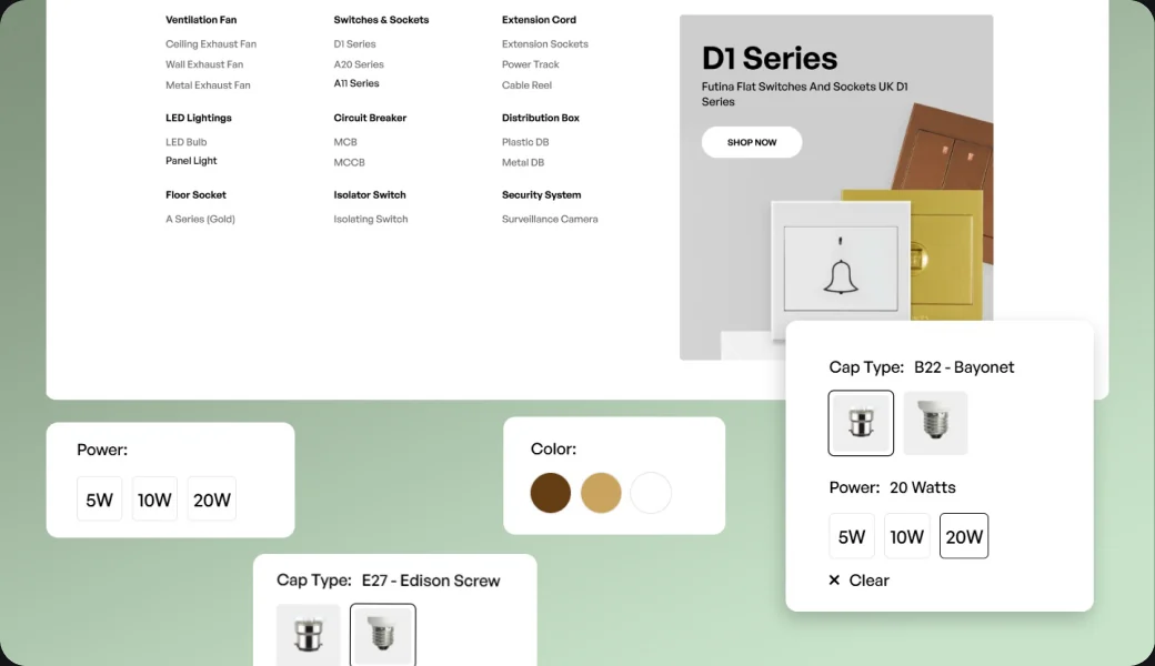 Futina mega-menu and visual variant selectors