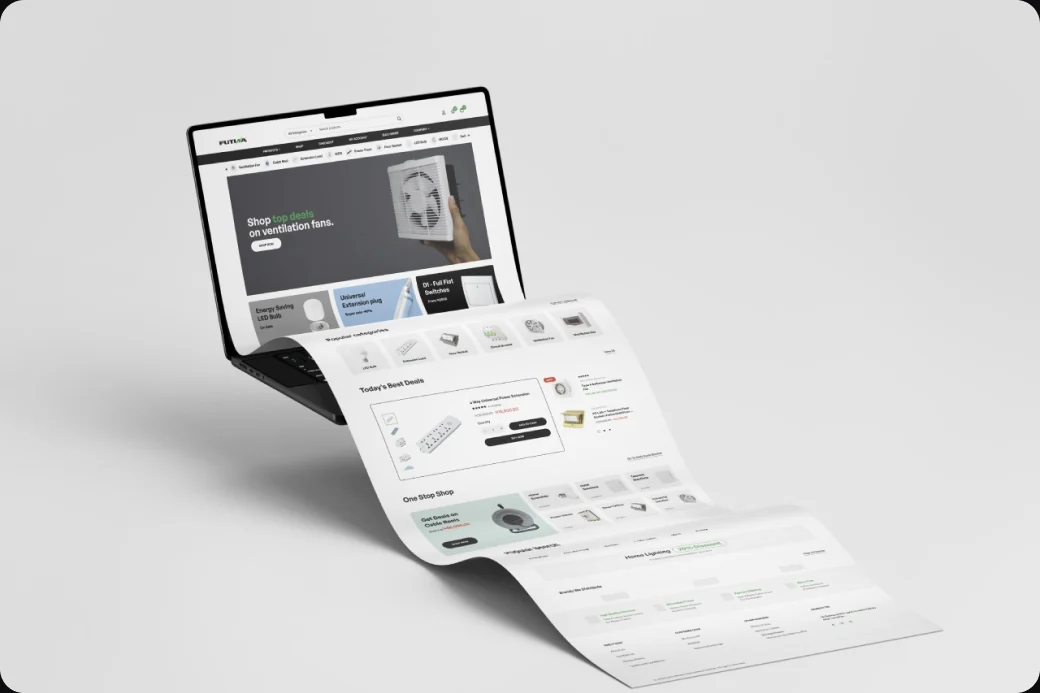 Futina eStore homepage on a laptop, unrolling into the full page