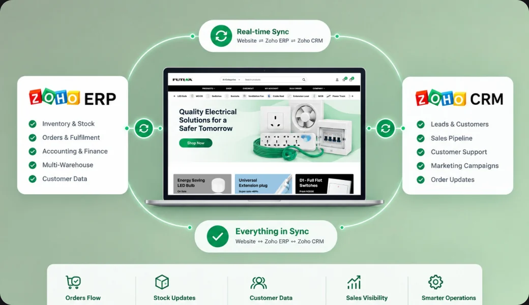Diagram of the Futina website syncing with Zoho ERP and Zoho CRM