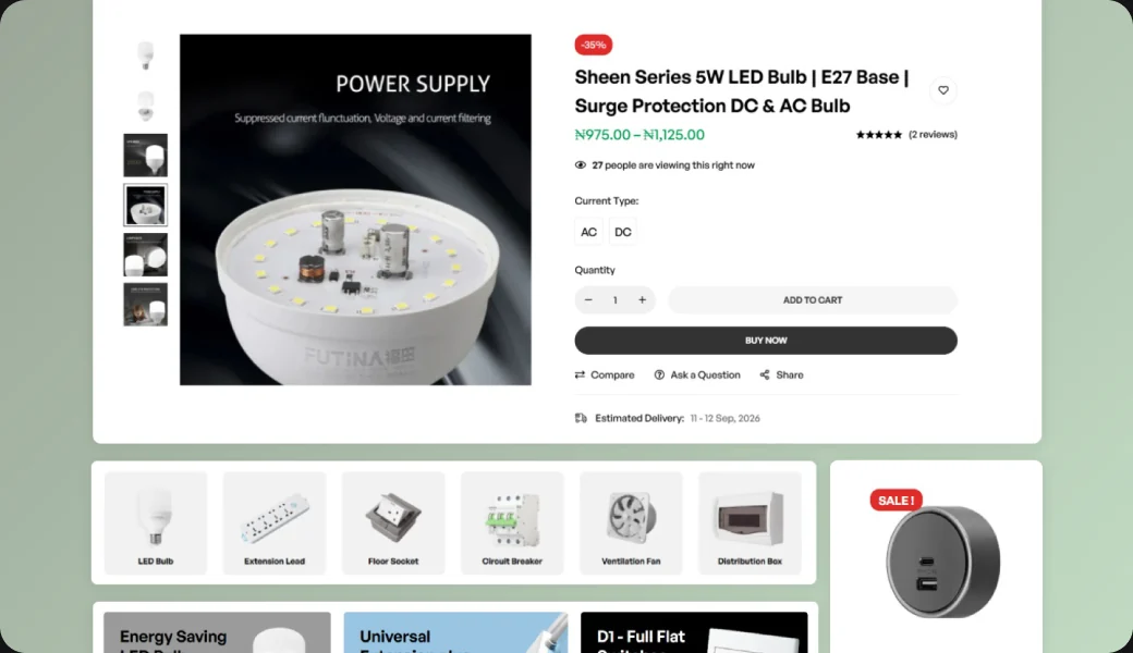 Futina product page with rich imagery and category tiles