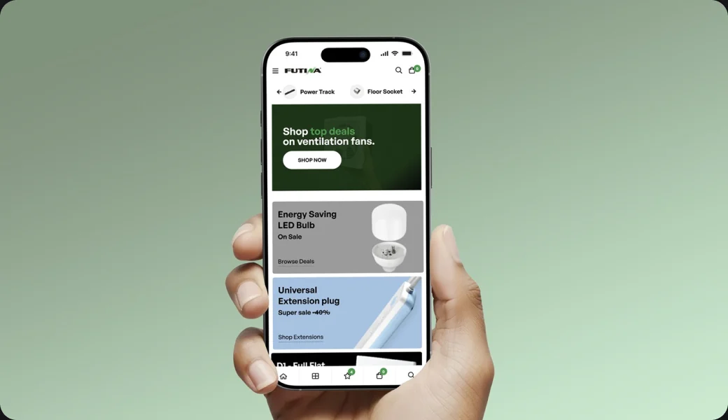 Futina mobile storefront on a phone held in hand