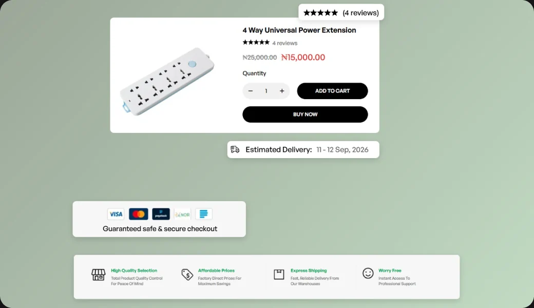 Futina product card with reviews, secure checkout badges and service guarantees