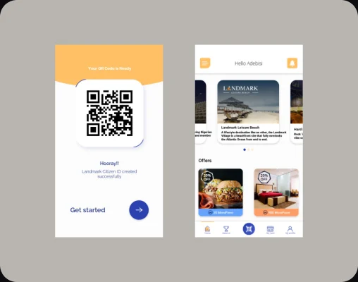 Moni onboarding QR code and home feed with offers