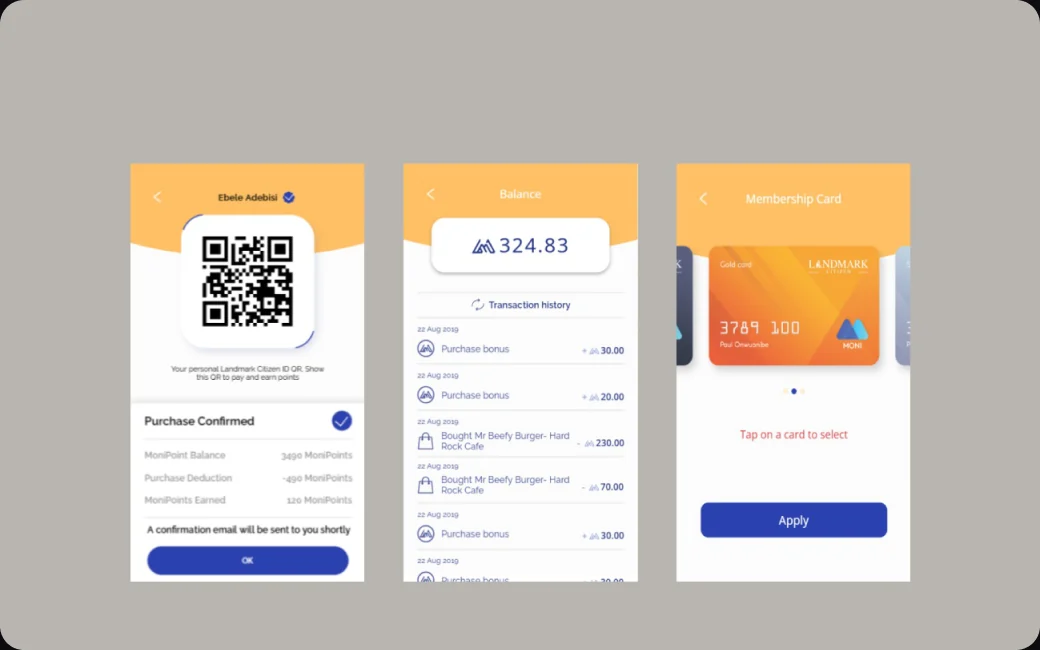 Moni app screens: QR purchase confirmation, balance and membership card