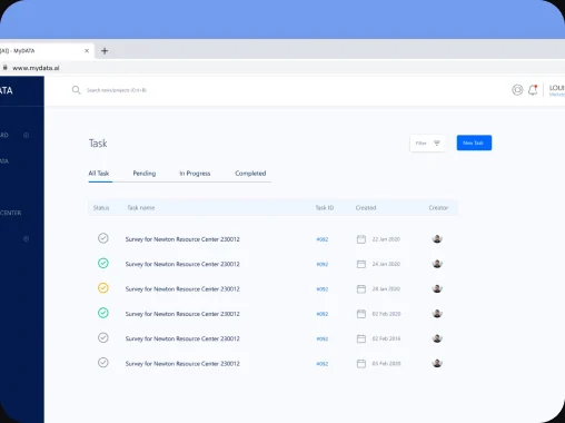 MyData task manager with status tabs